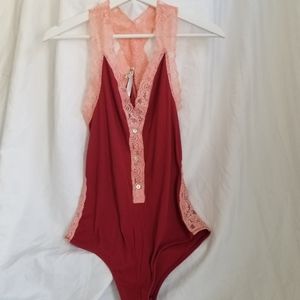 Free People Rust Bodysuit with Peach Lace Trim